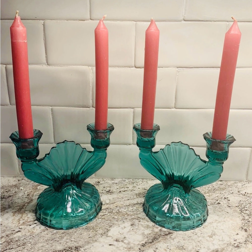 2 Jeanette 1930s Ultramarine Swirl Double Candlestick Candle Holders